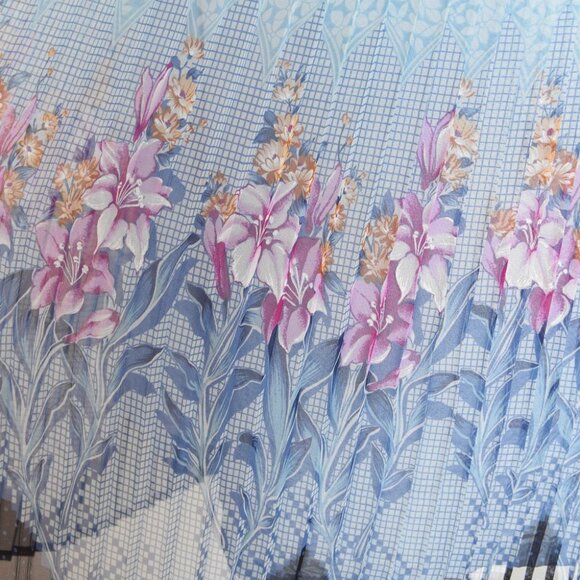 vintage 80s dress blue floral border print secretary belted pleated midi L - Picture 7 of 13